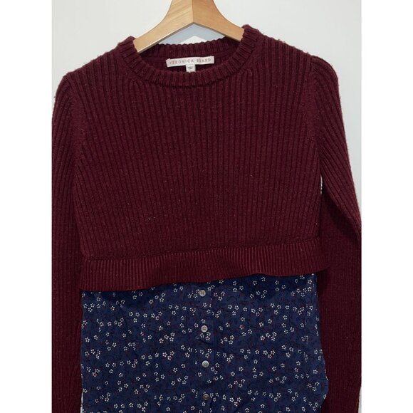 Veronica Beard Garrett Mixed Media Sweater Floral Tunic Burgundy Wool L - Picture 3 of 9